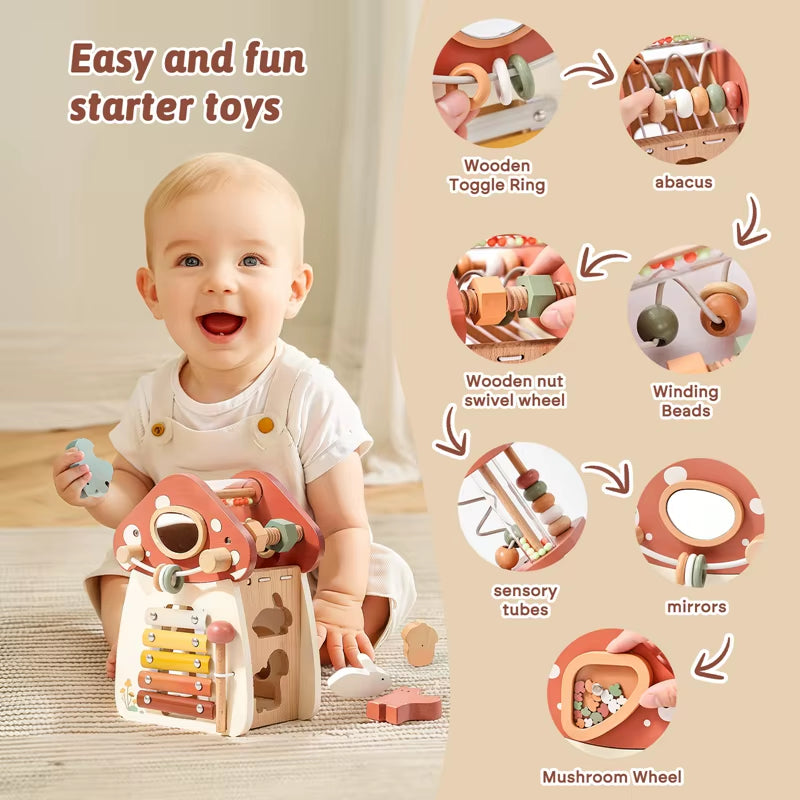 Baby Montessori Toy Wooden Five-In-One Mushroom Castle Stacking Puzzle Toy Kid Houses Blocks Early Childhood Education Game Gift