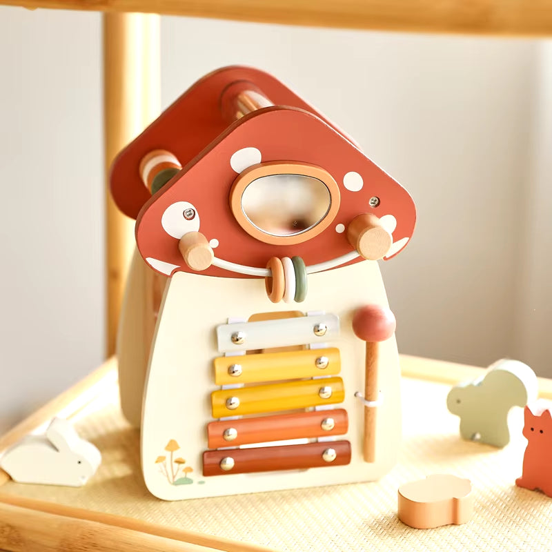 Baby Montessori Toy Wooden Five-In-One Mushroom Castle Stacking Puzzle Toy Kid Houses Blocks Early Childhood Education Game Gift