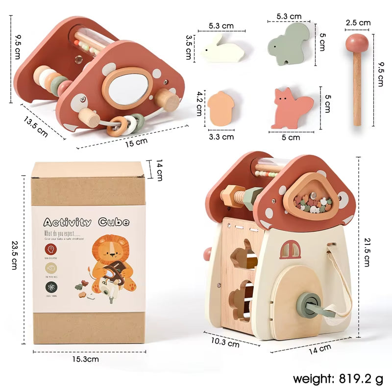 Baby Montessori Toy Wooden Five-In-One Mushroom Castle Stacking Puzzle Toy Kid Houses Blocks Early Childhood Education Game Gift