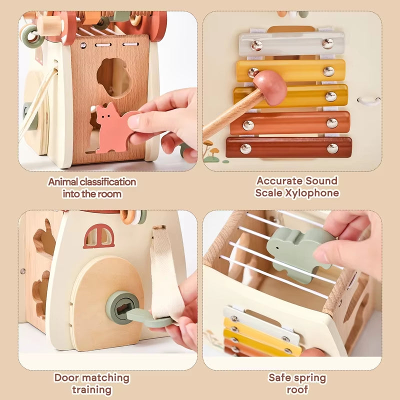 Baby Montessori Toy Wooden Five-In-One Mushroom Castle Stacking Puzzle Toy Kid Houses Blocks Early Childhood Education Game Gift