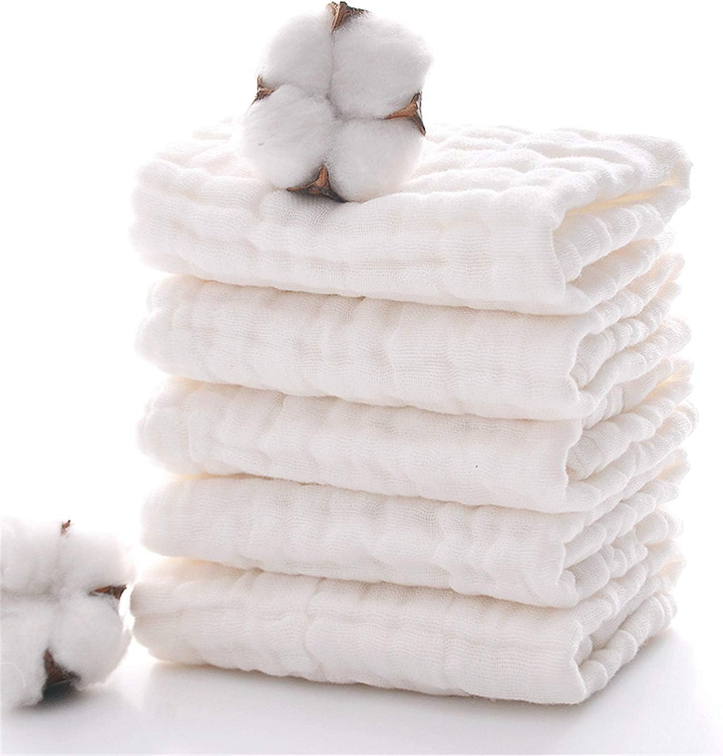 Baby Muslin Washcloths, Natural Cotton, Soft Newborn Face Towel, 5 Pack, 12 X 12 Inches (White)