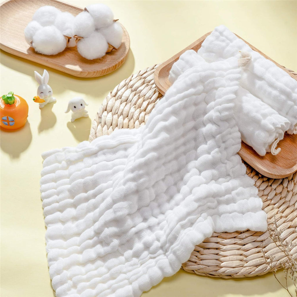 Baby Muslin Washcloths, Natural Cotton, Soft Newborn Face Towel, 5 Pack, 12 X 12 Inches (White)